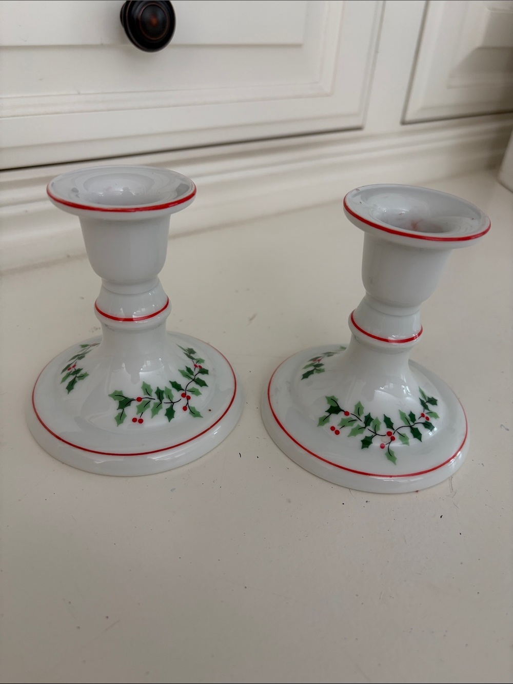 Vintage White Ceramic Holly Pattern Candle Holders with Red Trim